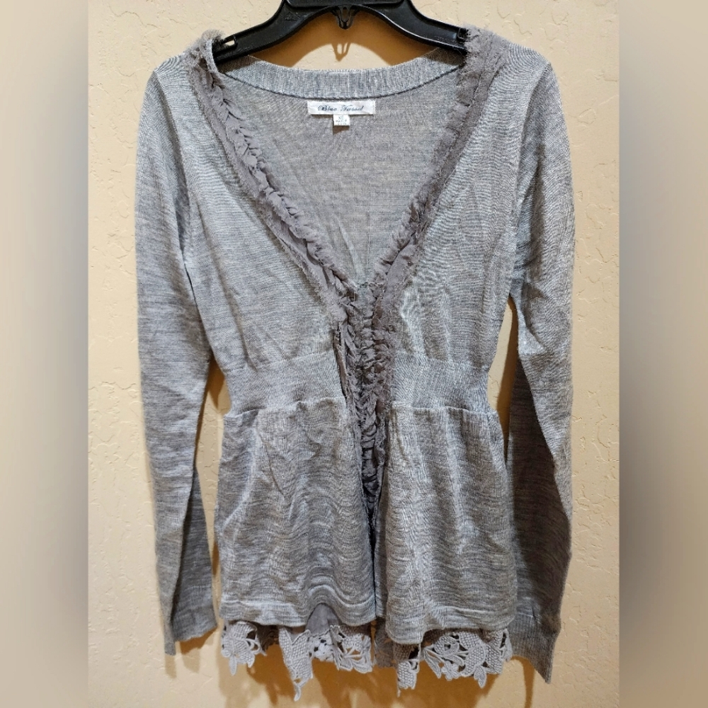 Blue Tassel Gray Wool blend Lace Trim Cadigan XS